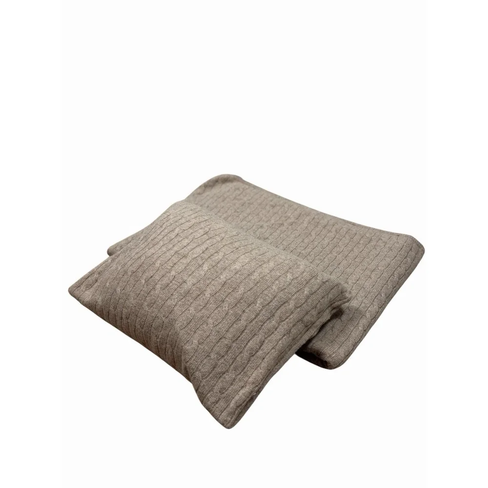 Ralph Lauren 100% Cashmere Cable Knit Blanket Throw Wrap 43x56 + Pillow Tan Set